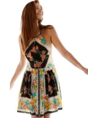 UO Ecote Womens Bianca Mini Halter Dress Patchwork Floral Strappy Bohemian 4